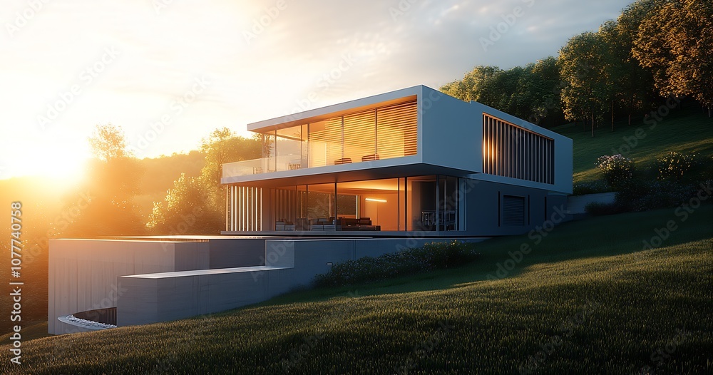 Obraz premium Contemporary Hillside Home with Expansive Windows at Sunset in Natural Setting : Generative AI