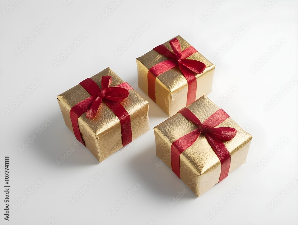 Golden Gifts and Gift Boxes with Red Ribbon Wrapping, Elegant Holiday or Celebration Presents with Festive Wrapping and Ribbon Accents Golden Gifts and Gift Boxes with Red Ribbon Wrapping, Elegant Holiday or Celebration Presents with Festive Wrapping and Ribbon Accents