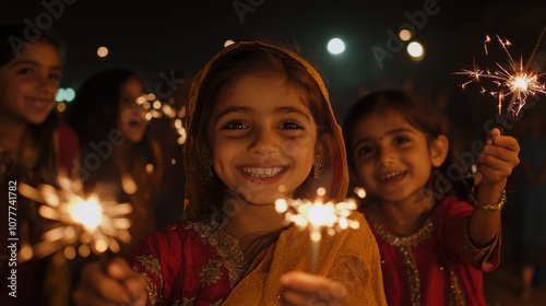 Close-up Shot of Happy Children Joyfully Holding Sparklers During a Celebratory Event in a Festive Atmosphere at Night