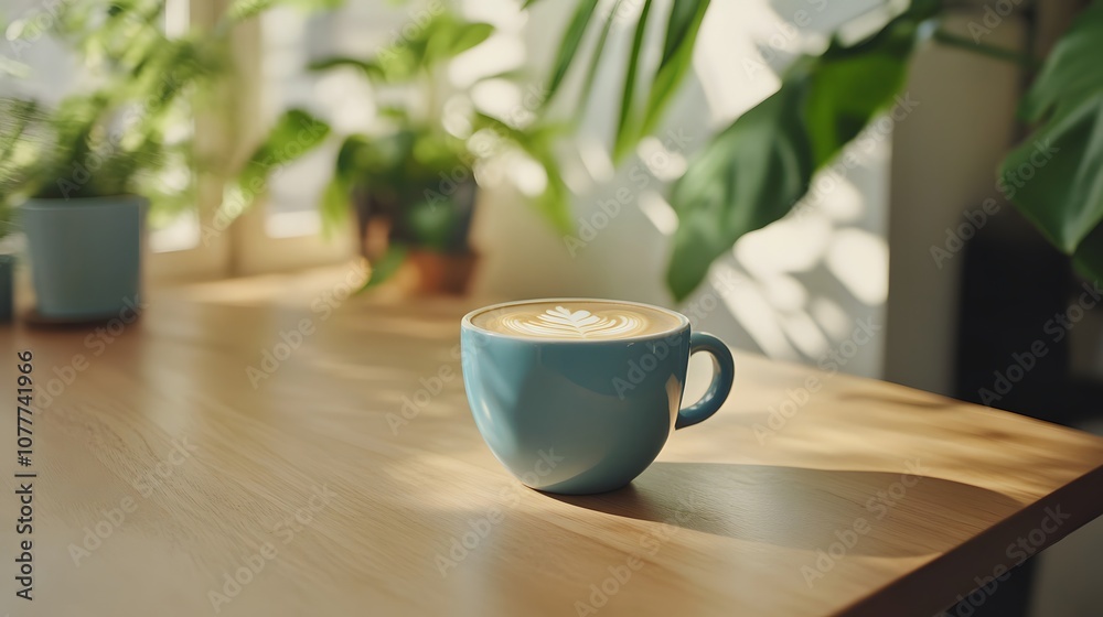 A cup of latte with a beautiful leaf design in the foam sits on a wooden table in a sunny cafe. A cup of latte with a beautiful leaf design in the foam sits on a wooden table in a sunny cafe.