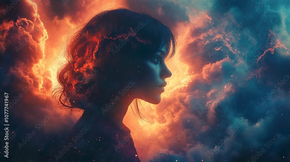 Woman's Silhouette in a Dreamlike Sky: A Surreal and Emotional Portrait Woman's Silhouette in a Dreamlike Sky: A Surreal and Emotional Portrait