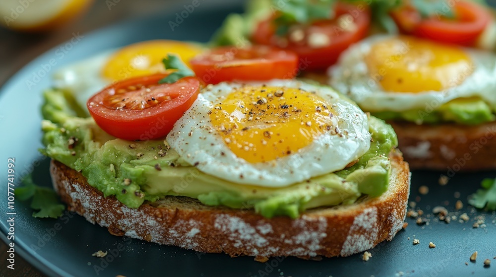 Avocado Toast with Fried Egg, Tomatoes, and Spices Avocado Toast with Fried Egg, Tomatoes, and Spices