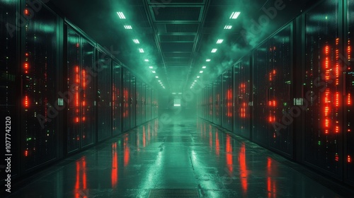 Futuristic data center with glowing lights and mist.