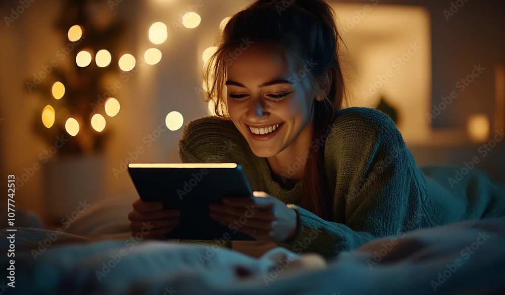 Cheerful Woman Enjoying a Tablet in Her Cozy Bedroom Surrounded by Soft Glowing Lights : Generative AI