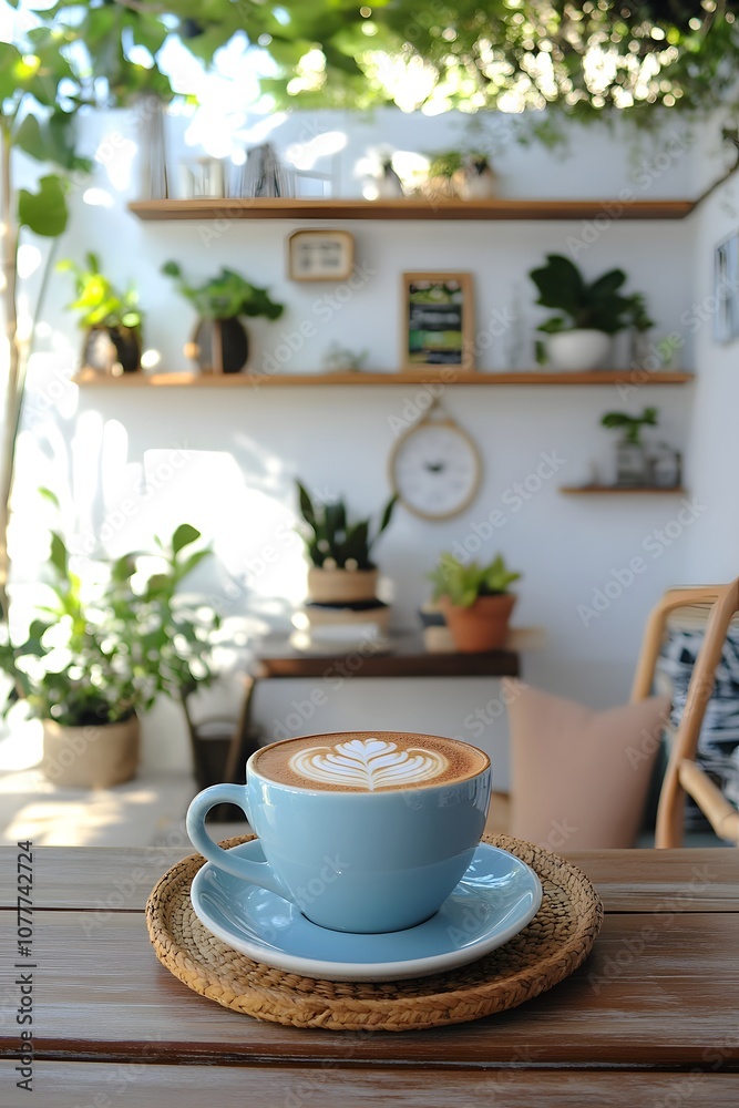 A cup of latte with beautiful latte art sits on a wooden table in a cafe with a bright and airy atmosphere. A cup of latte with beautiful latte art sits on a wooden table in a cafe with a bright and airy atmosphere.
