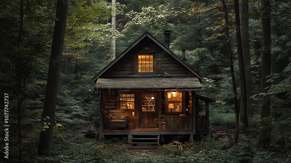 A cozy wooden cabin with lights on in the forest at dusk. A cozy wooden cabin with lights on in the forest at dusk.
