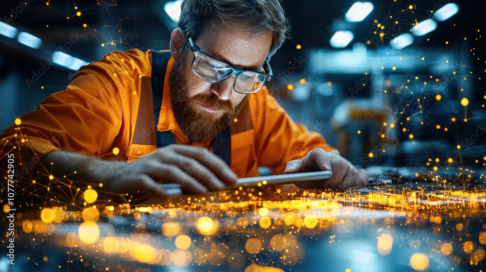 civil engineer analyzing building stability with tablet in workshop, showcasing focus and precision. environment is illuminated with modern, tech inspired aesthetic civil engineer analyzing building stability with tablet in workshop, showcasing focus and precision. environment is illuminated with modern, tech inspired aesthetic