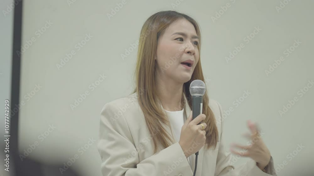 A woman is holding a microphone and smiling. She is wearing a white jacket and has long brown hair A woman is holding a microphone and smiling. She is wearing a white jacket and has long brown hair