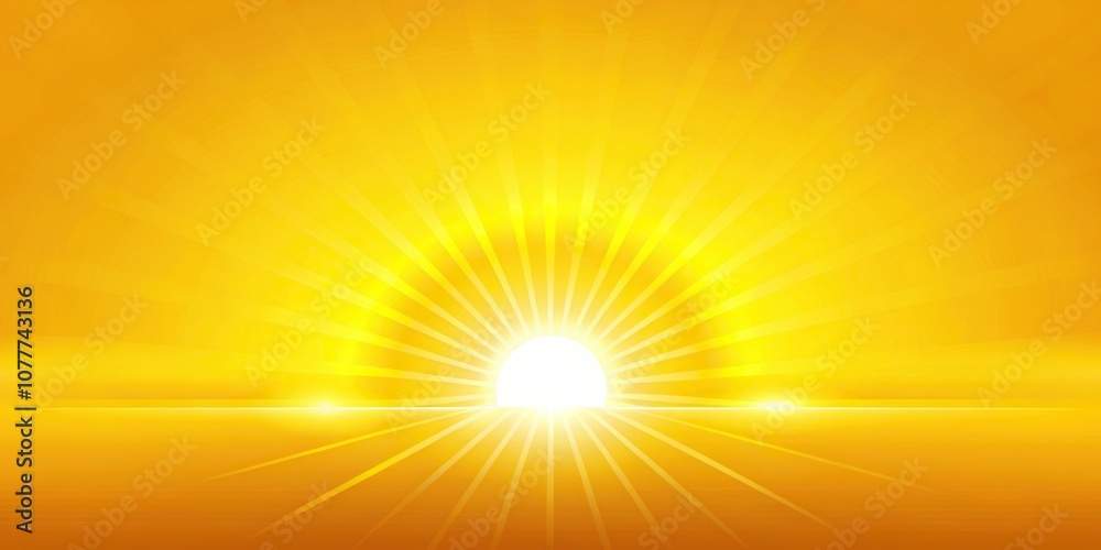 Bright yellow background with a stylized image of a sun rising above the horizon, sunny day, clouds, natural light Bright yellow background with a stylized image of a sun rising above the horizon, sunny day, clouds, natural light