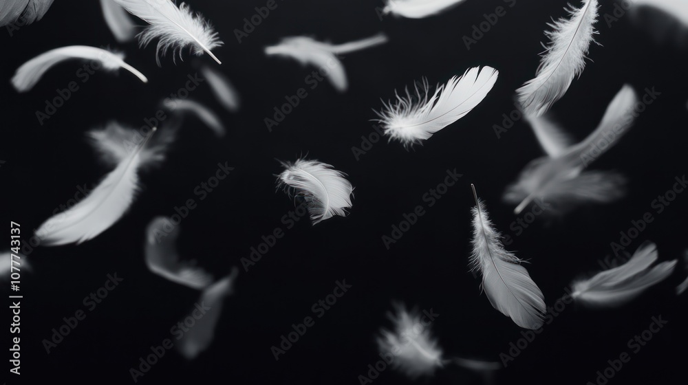 Obraz premium White Feathers Falling on Black Background
