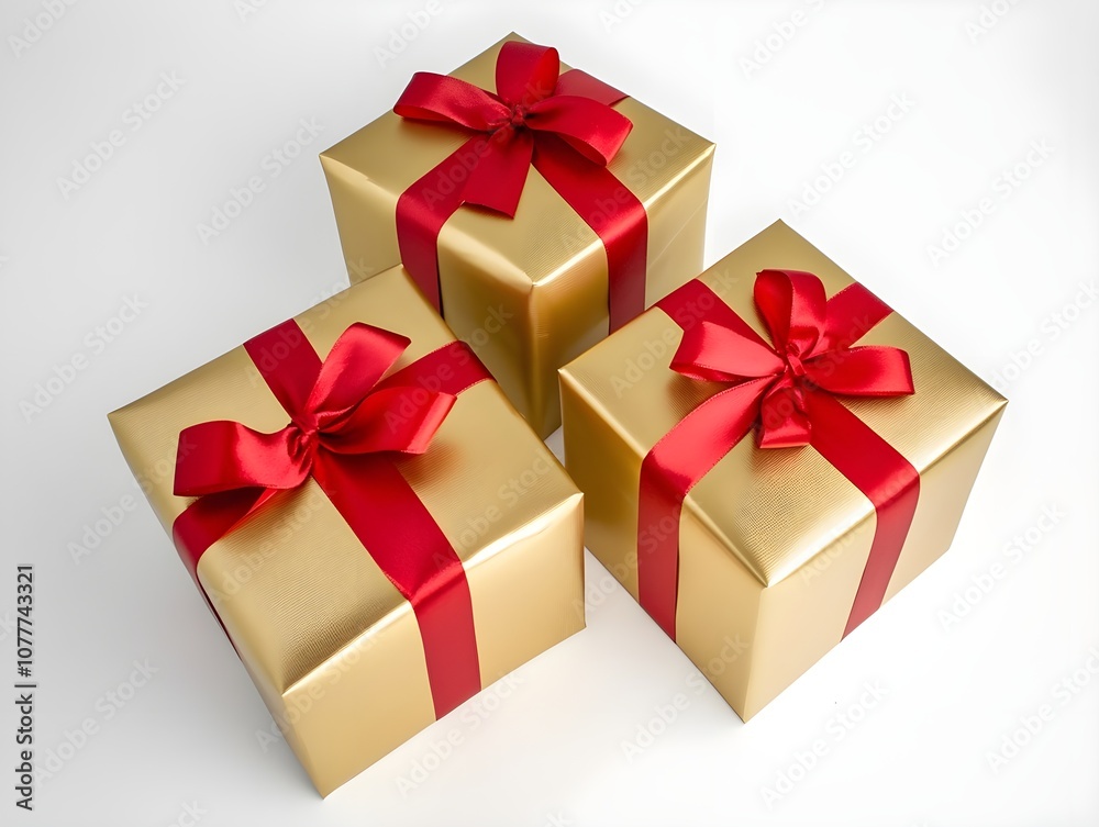 Obraz premium Golden Gifts and Gift Boxes with Red Ribbon Wrapping, Elegant Holiday or Celebration Presents with Festive Wrapping and Ribbon Accents