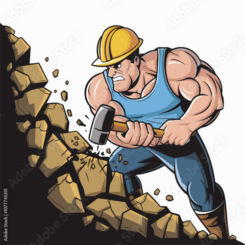 Muscular worker breaking rocks with a sledgehammer.