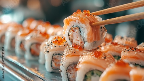 Salmon Sushi Rolls With Sesame Seeds photo