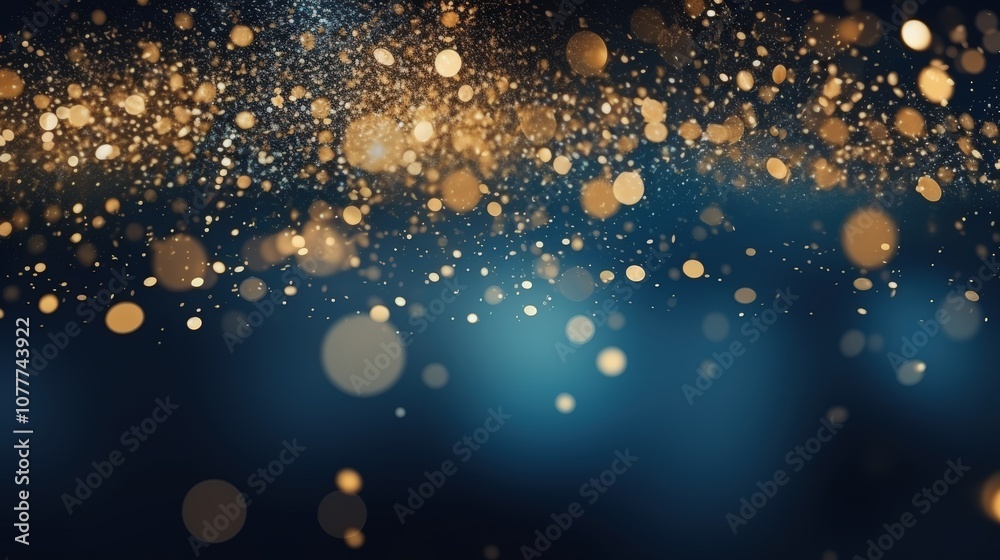 Obraz premium A close-up view of a blue and gold background with stars. Suitable for celestial, festive, or glamorous design projects such as invitations, holiday-themed graphics.glitter lights. de focused. banner