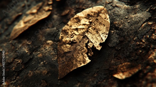 Dried leaves on a dark, textured surface.