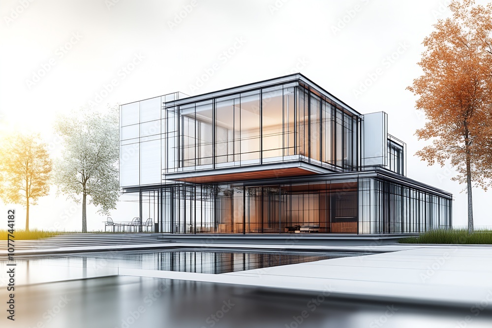 Architectural Visualization of Modern Minimalist House with Large Glass Windows at Dusk : Generative AI Architectural Visualization of Modern Minimalist House with Large Glass Windows at Dusk : Generative AI