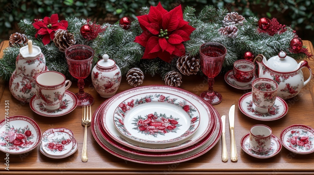 Cozy Christmas Table Setting with Candles and Fir Branches at the Center, Beautiful Plates Prepared for a Family Gathering, Festive Holiday Atmosphere Cozy Christmas Table Setting with Candles and Fir Branches at the Center, Beautiful Plates Prepared for a Family Gathering, Festive Holiday Atmosphere