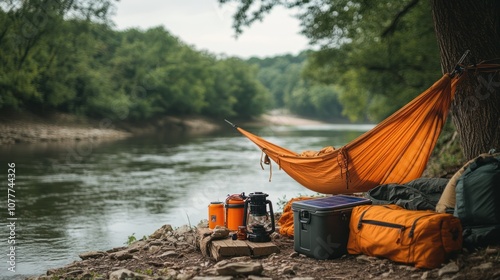 Cozy camping setup by a river with hammock and gear.