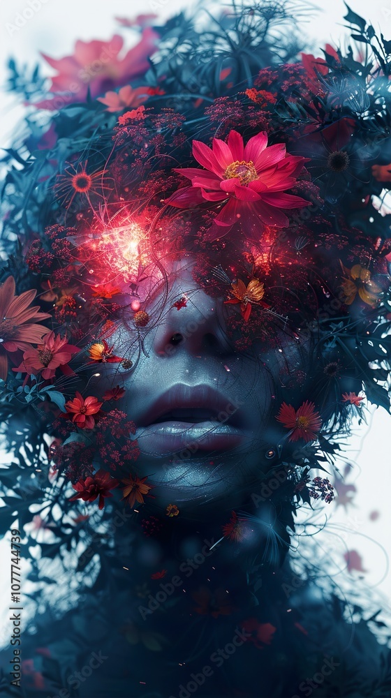 Surreal Floral Portrait: Woman's Face Embraced by Blossoms and Glowing Eyes Surreal Floral Portrait: Woman's Face Embraced by Blossoms and Glowing Eyes