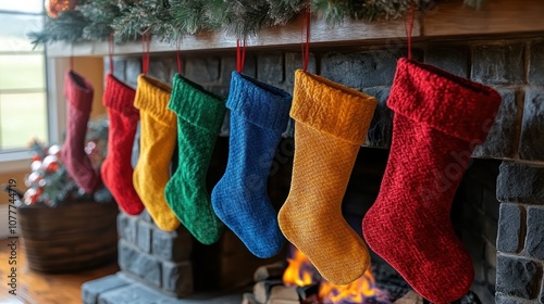 Colorful Christmas stockings hang by a cozy fireplace.