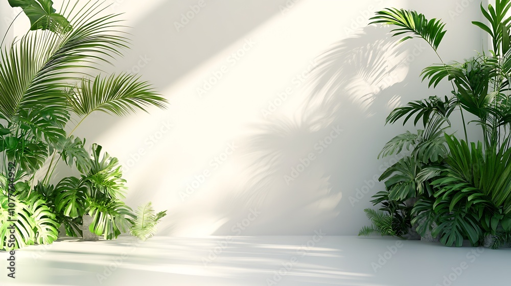 Fototapeta premium Bright and Inviting Space with Natural Light and Tropical Greenery Enhancing Calm Interiors : Generative AI