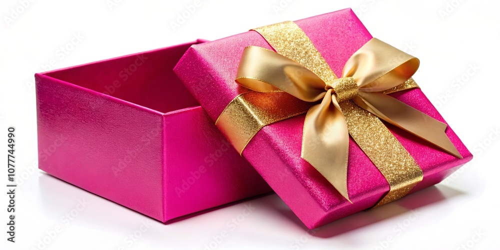 A partially open pink gift box adorned with a shimmering gold ribbon and bow, ready to reveal a surprise A partially open pink gift box adorned with a shimmering gold ribbon and bow, ready to reveal a surprise