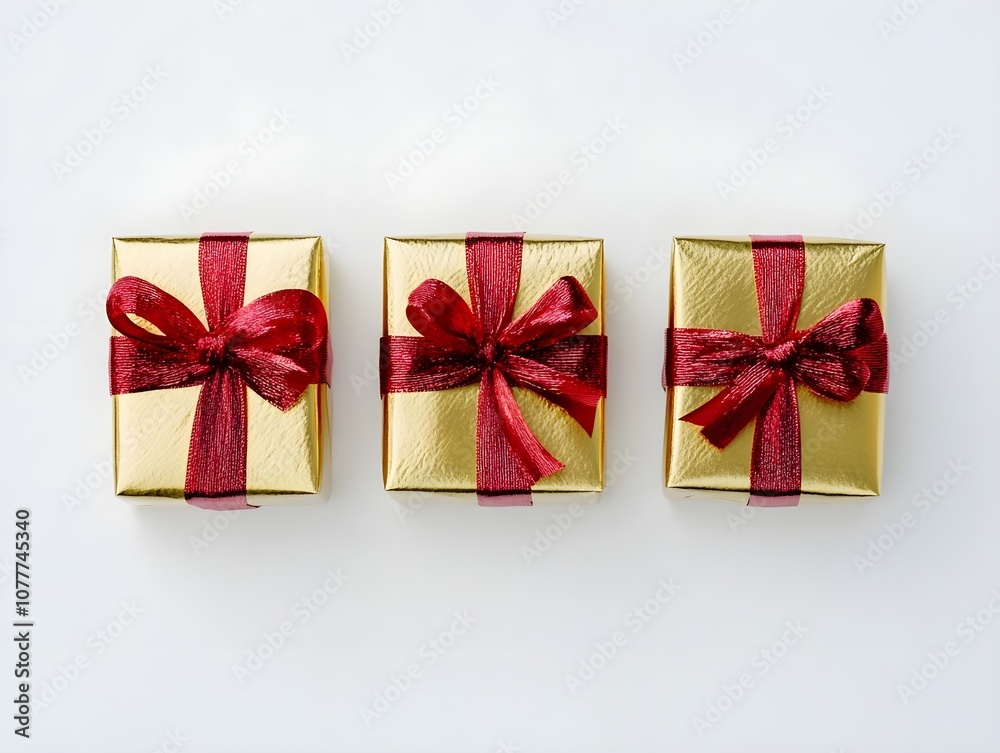 Fototapeta premium Golden Gifts and Gift Boxes with Red Ribbon Wrapping, Elegant Holiday or Celebration Presents with Festive Wrapping and Ribbon Accents