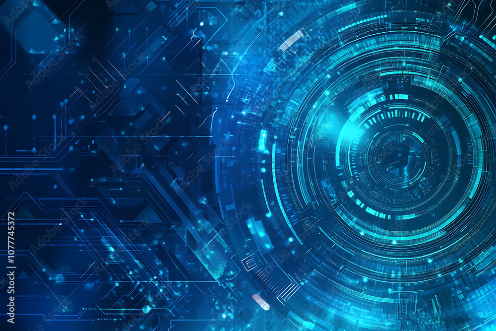 Futuristic vector illustration of a blue circuit board with intricate digital tech elements, perfect for advanced technology backgrounds.	
