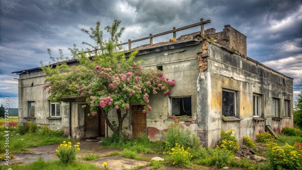 An Abandoned Structure Embraces Nature's Resilience, Its Weathered Walls Cloaked in a Canopy of Blossoming Branches, Whispering Tales of Time Passed and Beauty Enduring An Abandoned Structure Embraces Nature's Resilience, Its Weathered Walls Cloaked in a Canopy of Blossoming Branches, Whispering Tales of Time Passed and Beauty Enduring