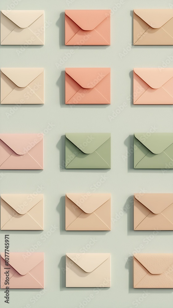 Colorful Arrangement Of Pastel Envelopes On Light Green Background Surface : Generative AI Colorful Arrangement Of Pastel Envelopes On Light Green Background Surface : Generative AI