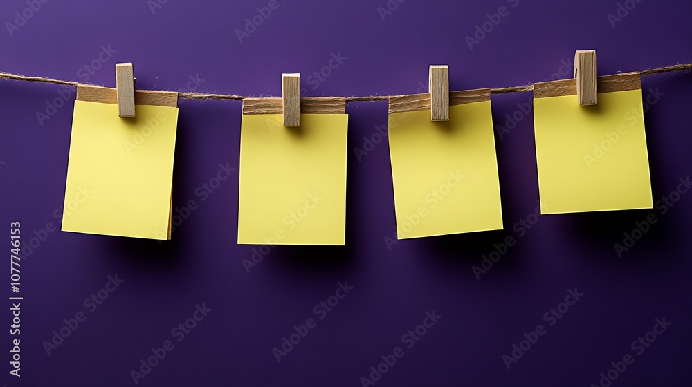 Yellow Sticky Notes Hanging Against Purple Background Creative Workspace : Generative AI Yellow Sticky Notes Hanging Against Purple Background Creative Workspace : Generative AI