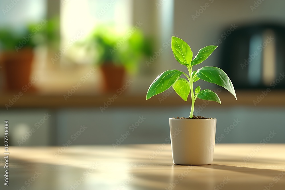 Thriving Green Plant in Pot on Bright Kitchen Countertop : Generative AI Thriving Green Plant in Pot on Bright Kitchen Countertop : Generative AI