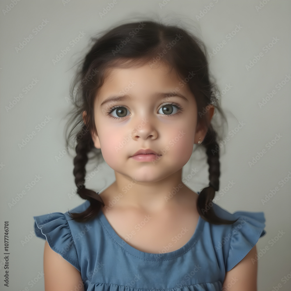 Niña adorable con cabello oscuro, vestido azul y coletas. Niña adorable con cabello oscuro, vestido azul y coletas.