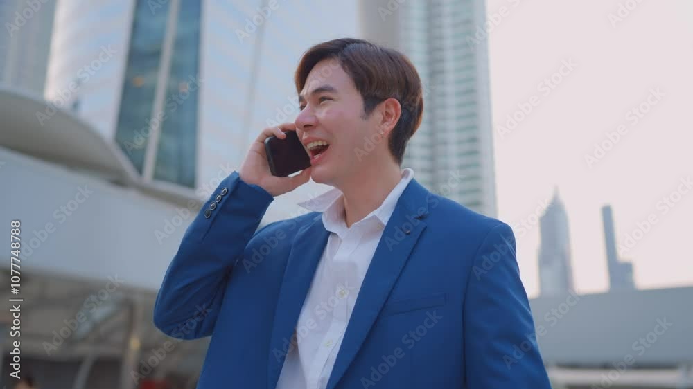 Asian young businessman talking on smartphone while walk in the city. Asian young businessman talking on smartphone while walk in the city.