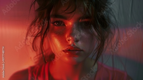 Intense Gaze: A Woman's Portrait in Red Light