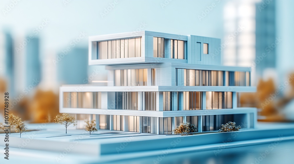 Modern Architectural Masterpiece with Unique Layered Design and Panoramic Windows in Urban Setting : Generative AI
