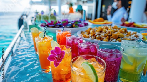 A festive spread of colorful mocktails and snacks served during a nobooze sunset cruise. photo