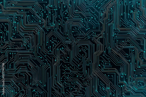 Close-up of a glowing neon circuit board pattern, showcasing intricate lines and electronic pathways in a vibrant blue hue
 photo