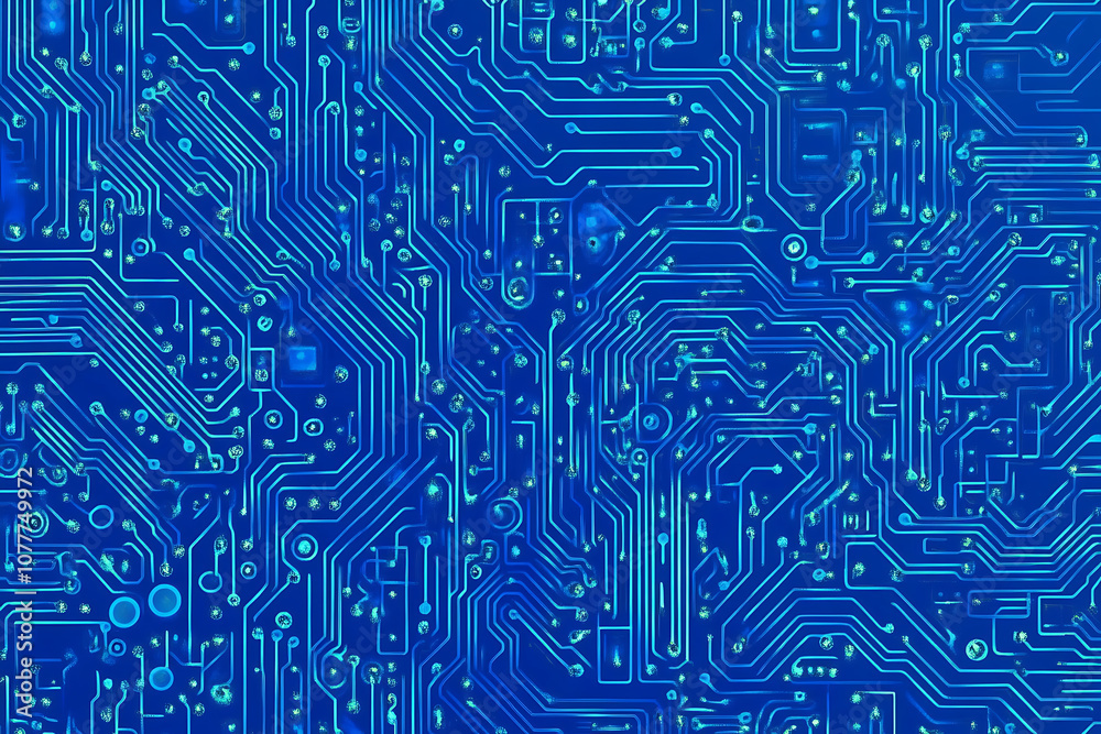 Close-up of a glowing neon circuit board pattern, showcasing intricate lines and electronic pathways in a vibrant blue hue

