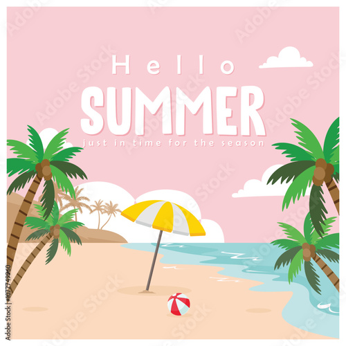 Summer vacation by the beach. Summer beach view with sand. Summer concept. Flat vector illustration.