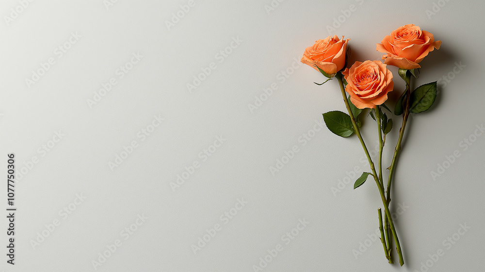 Obraz premium soft and inviting image of three orange roses with green leaves, beautifully arranged on light background, perfect for conveying warmth and affection