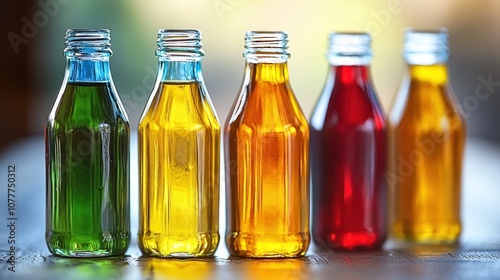 Five small glass bottles with colorful liquids.