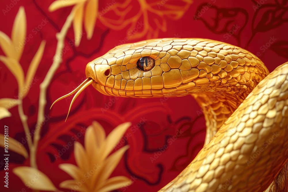 Golden Snake Head Close-Up with Red Background Golden Snake Head Close-Up with Red Background