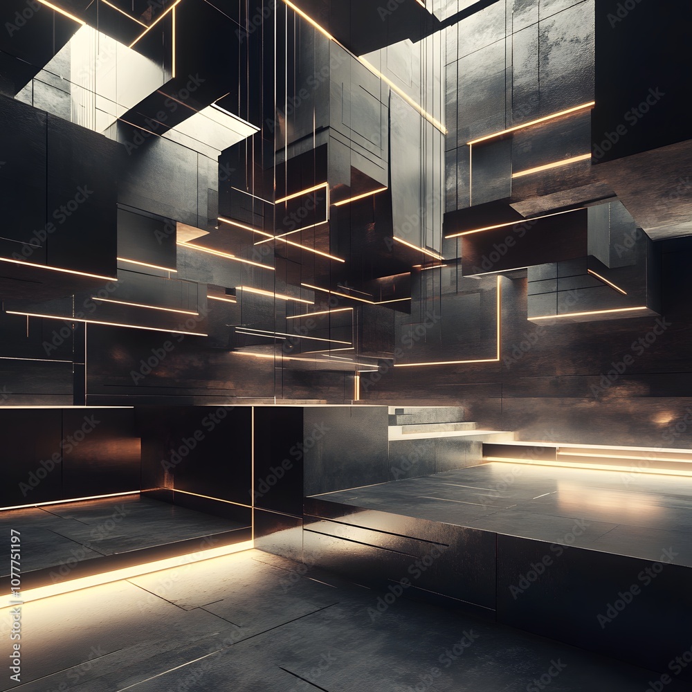 Fototapeta premium 12. A dynamic 3D space with floating geometric panels, glowing lines, and an ample vertical space for product presentation.