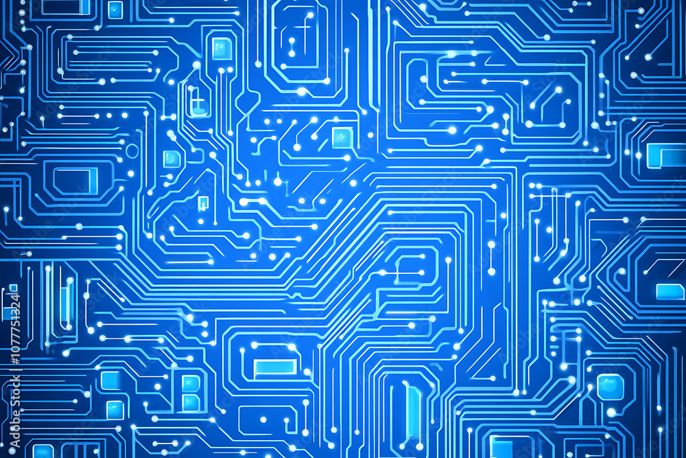 Close-up of a glowing neon circuit board pattern, showcasing intricate lines and electronic pathways in a vibrant blue hue Close-up of a glowing neon circuit board pattern, showcasing intricate lines and electronic pathways in a vibrant blue hue