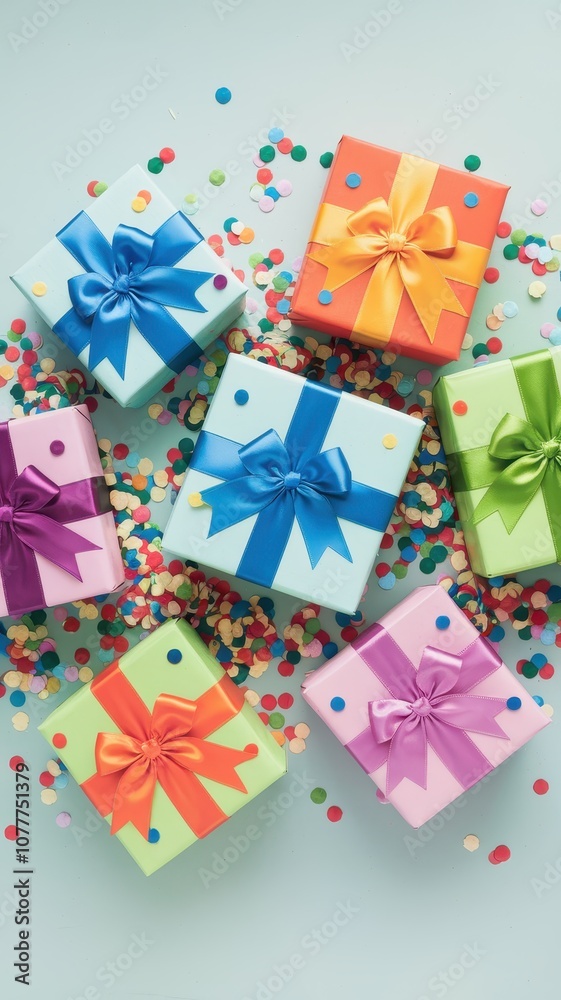 Obraz premium Colorful Wrapped Presents Scattered for Festive Holiday Display