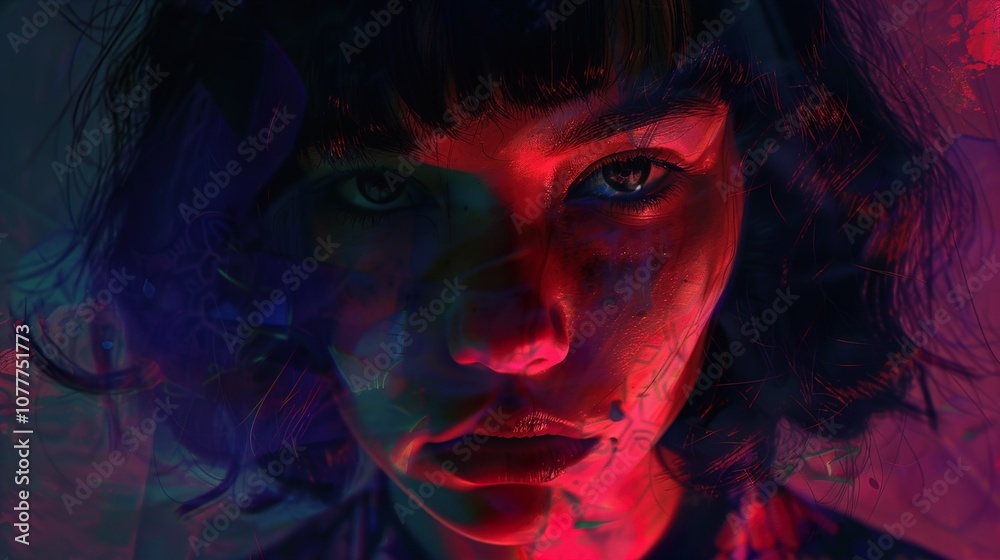 Intense Gaze: Woman Portrait with Red Light and Abstract Background Intense Gaze: Woman Portrait with Red Light and Abstract Background