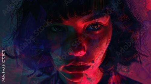 Intense Gaze: Woman Portrait with Red Light and Abstract Background