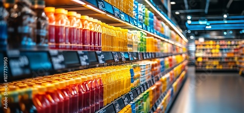 Rows of colorful bottles on shelves in a supermarket aisle.