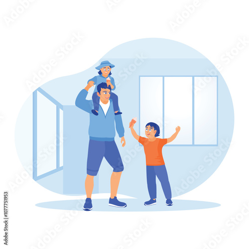 Father playing with his children at home. Father carrying daughter on shoulders. Family lifestyle activity concept. Flat vector illustration.